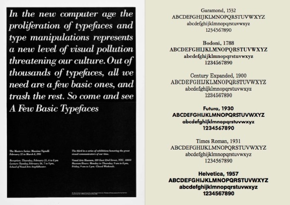 I font di base di Massimo Vignelli: Garamond, Bodoni, Century Expanded, Futura, Times Roman, Helvetica